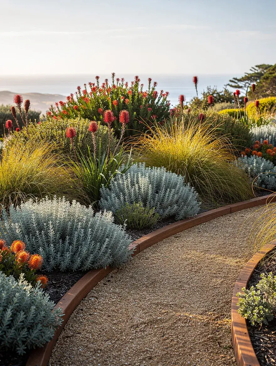 Silver saltbush, tussock grasses and kangaroo paw along a gravel path with timber edging